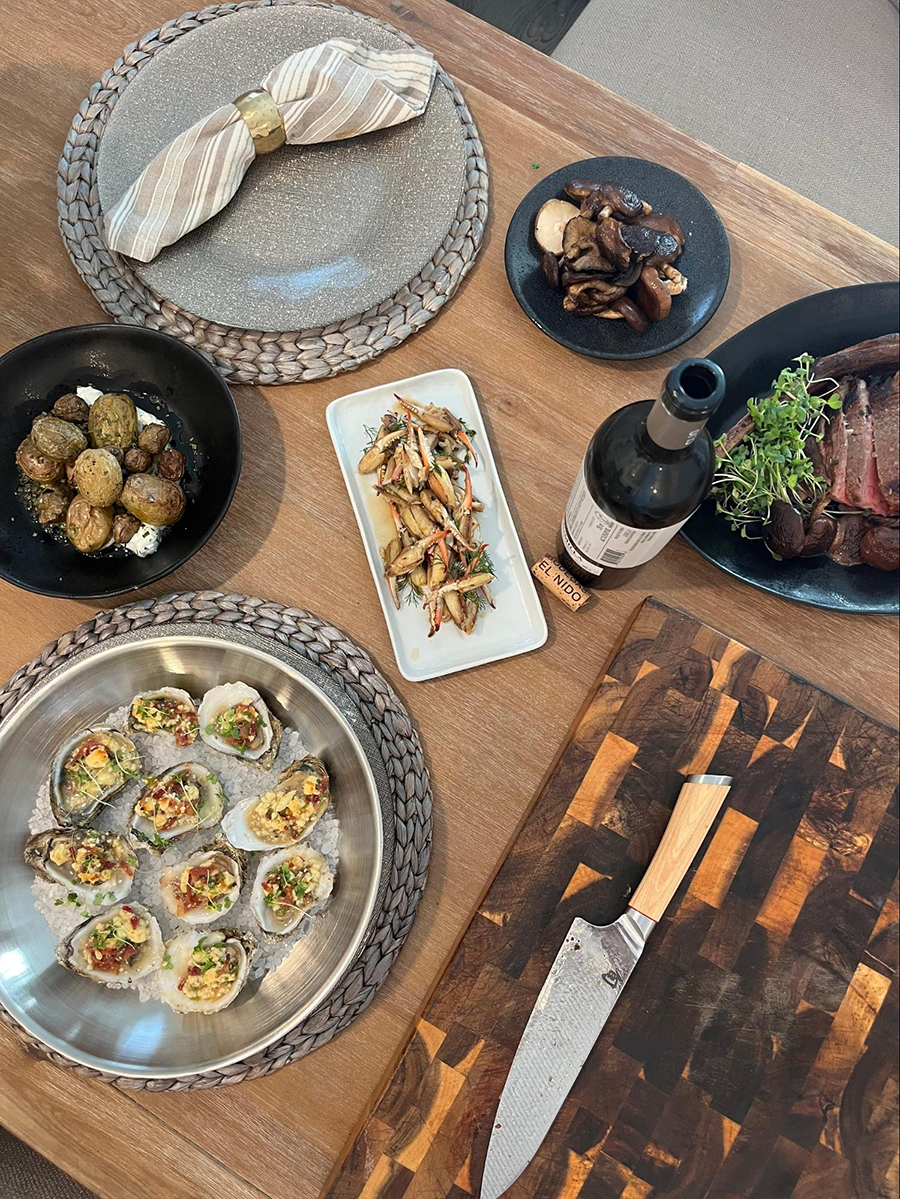 Delicious spread of appetizers including oysters chips and mushrooms